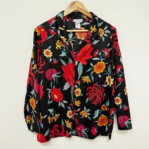 Natori Floral Button Front Top Size Small Long sleeve red black PJs Sleep Shirt